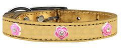 Bright Pink Rose Widget Genuine Metallic Leather Dog Collar