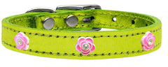 Bright Pink Rose Widget Genuine Metallic Leather Dog Collar