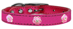 Bright Pink Rose Widget Genuine Metallic Leather Dog Collar