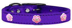 Bright Pink Rose Widget Genuine Metallic Leather Dog Collar