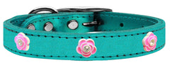 Bright Pink Rose Widget Genuine Metallic Leather Dog Collar