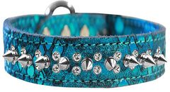 Double Clear Crystal And Silver Spike Dragon Skin Genuine Leather Dog Collar Silver Size