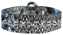 Double Clear Crystal And Silver Spike Dragon Skin Genuine Leather Dog Collar Silver Size