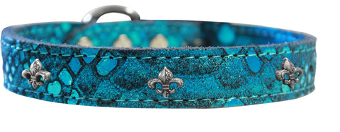 Silver Fleur De Lis Widget Dragon Skin Genuine Leather Dog Collar Silver Size