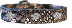 Silver Flower Widget Dragon Skin Genuine Leather Dog Collar Silver Size