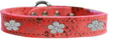 Silver Flower Widget Dragon Skin Genuine Leather Dog Collar Silver Size